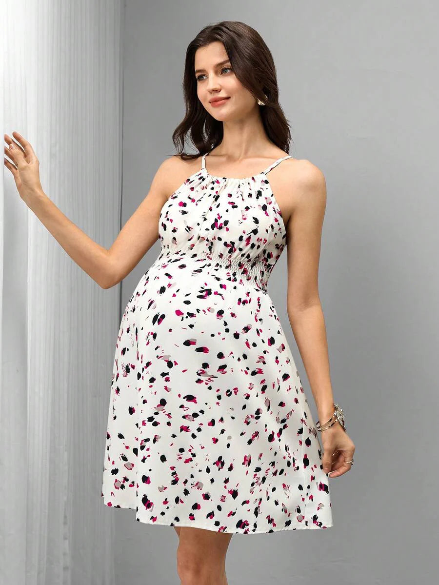 Maternity Sleeveless Spaghetti Strap Midi Dress Backless Geometric Print Halter Neck High Waist Summer Vacation Date Outfit