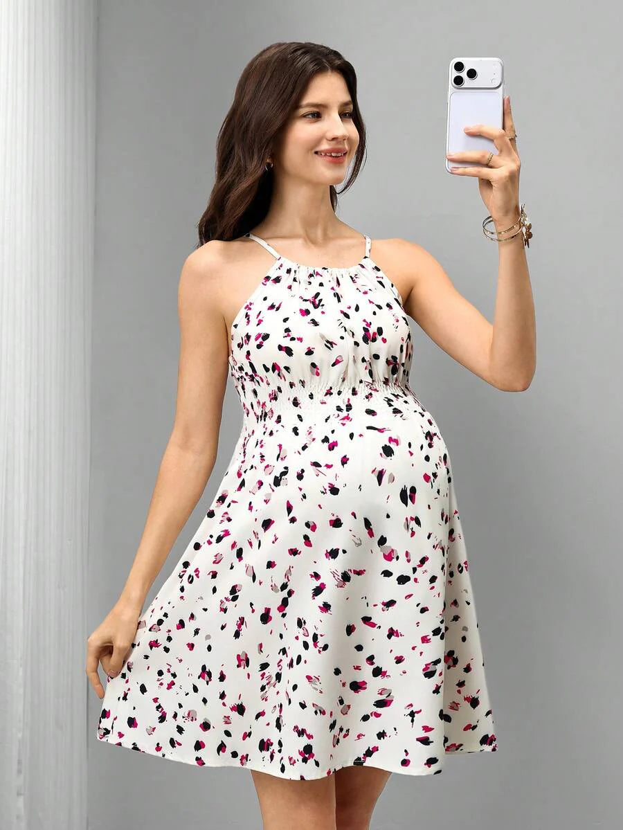 Maternity Women's Cinched Waist Ditsy Floral Sleeveless Spaghetti Strap Holiday Dress