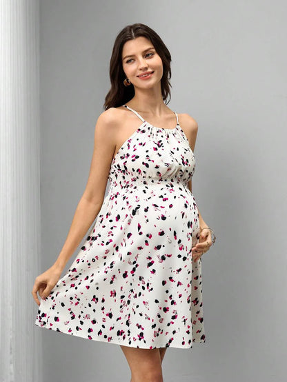 Maternity Dress - Ditsy Floral Sleeveless Spaghetti Strap Waist Cinched, Summer Vacation Date