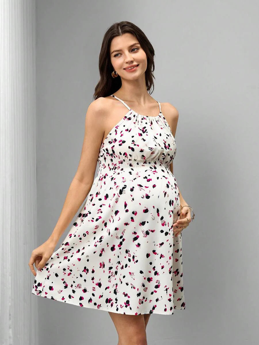 Women's Summer Waist Cinched Maternity Vacation Date Ditsy Floral Sleeveless Spaghetti Strap Dress