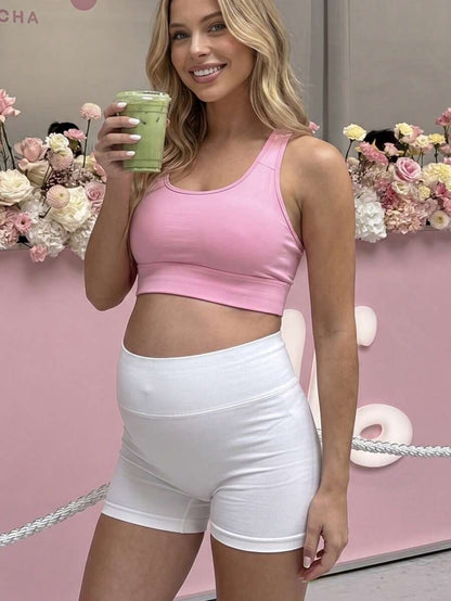 White Plant Print High-Waist Maternity Sports Shorts – High-Stretch Double Waist Athletic Biker Shorts for Summer Fitness & Casual Wear