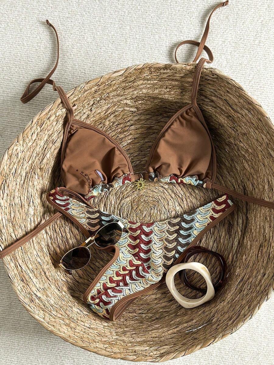 Women's 2-Piece Boho Halter Bikini Set - Gold Accessory, High-Cut, Floral Print, Multicolor