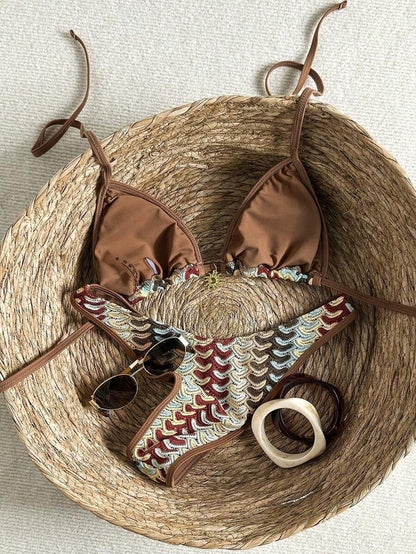Women's 2-Piece Boho Halter Bikini Set - Gold Accessory, High-Cut, Floral Print, Multicolor