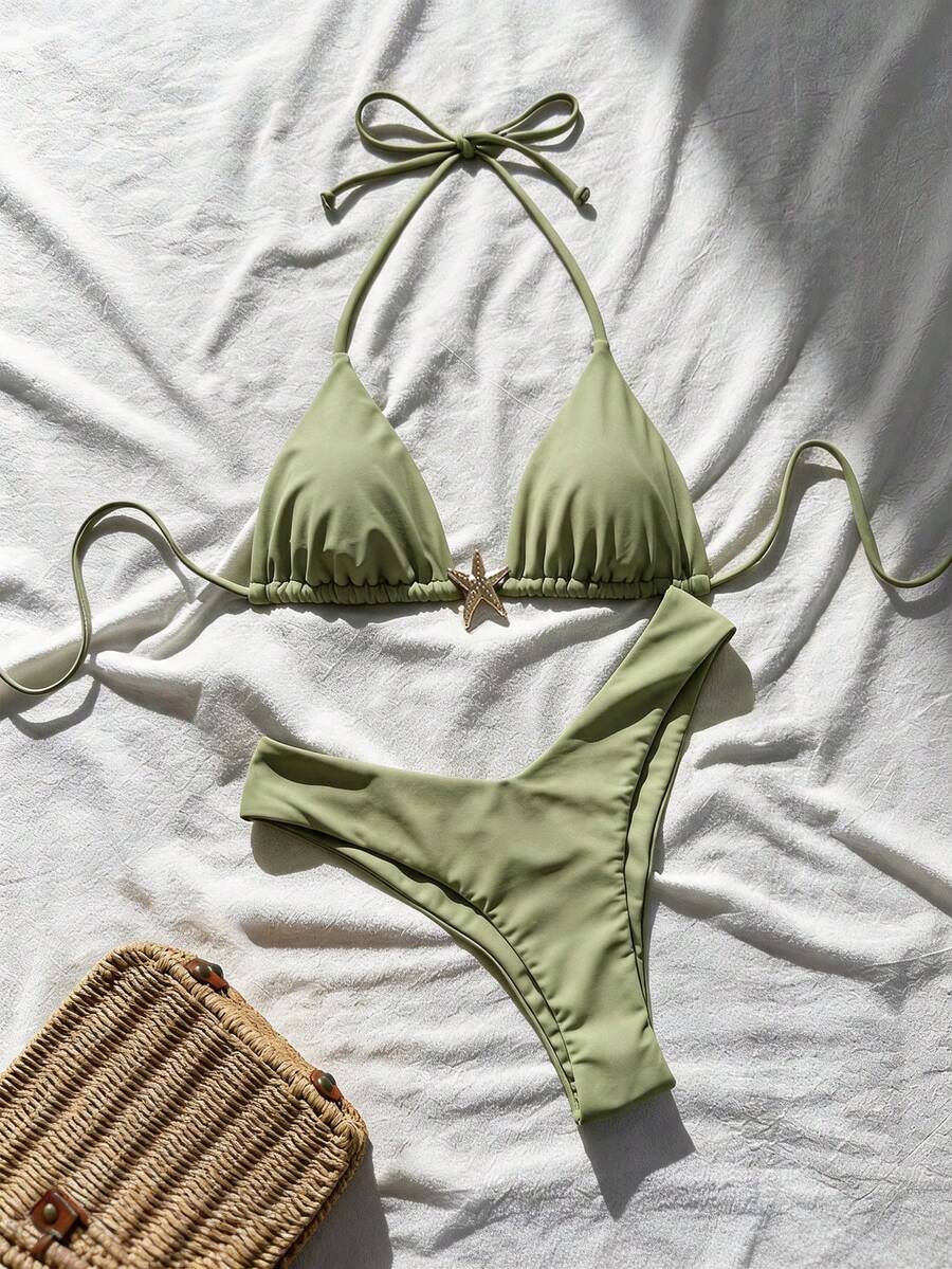 Swim Vcay Women's Solid Color Spaghetti Strap Metal Decor Sexy Bikini Set, Summer