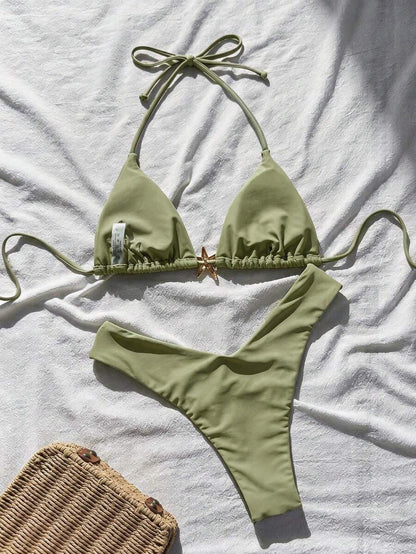 Swim Vcay Women's Solid Color Spaghetti Strap Metal Decor Sexy Bikini Set, Summer