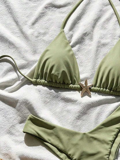 Swim Vcay Women's Solid Color Spaghetti Strap Metal Decor Sexy Bikini Set, Summer