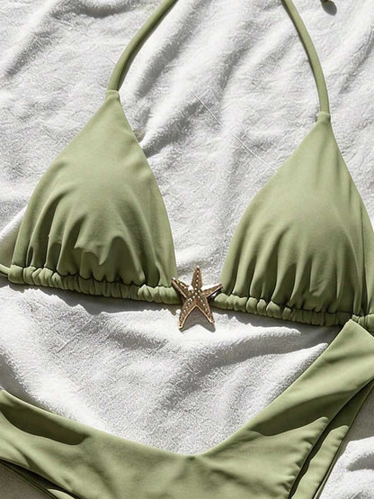 Swim Vcay Women's Solid Color Spaghetti Strap Metal Decor Sexy Bikini Set, Summer