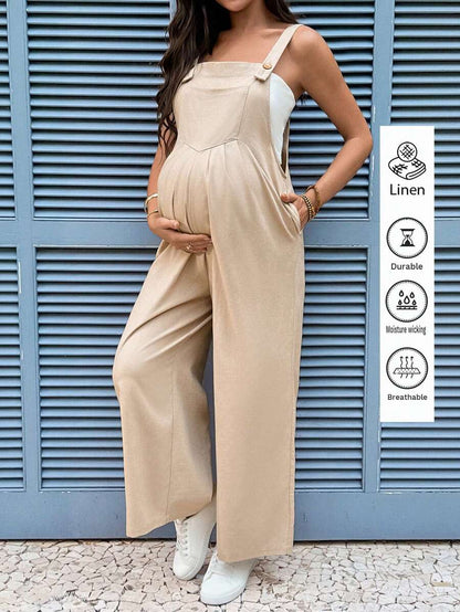 Light Khaki Maternity Button Down Pocket Jumpsuit - Minimalist Loose Fit Sleeveless High Waist Cotton Blend Overalls for Pregnancy