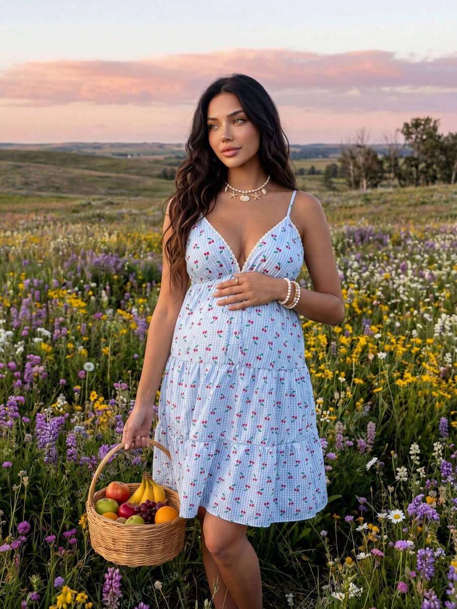 Blue Plaid Cherry Print Maternity Camisole Dress with Lace Trim and Tiered Hem – Boho Sleeveless High Waist Short Picnic Summer Dress