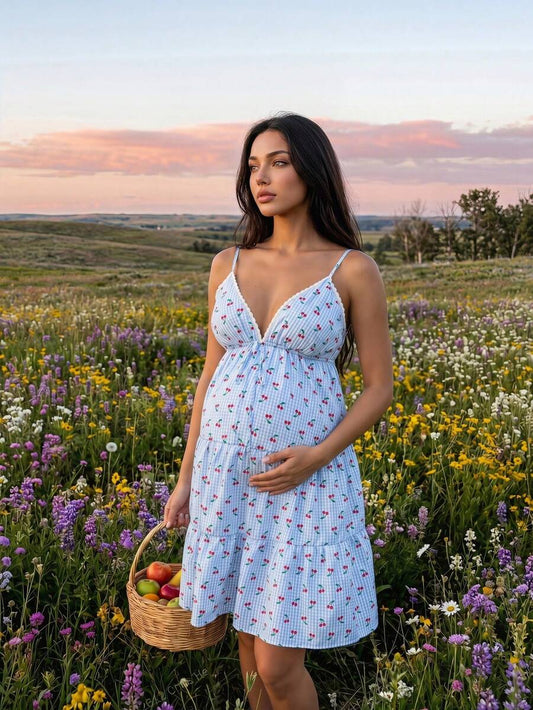 Blue Plaid Cherry Print Maternity Camisole Dress with Lace Trim and Tiered Hem – Boho Sleeveless High Waist Short Picnic Summer Dress