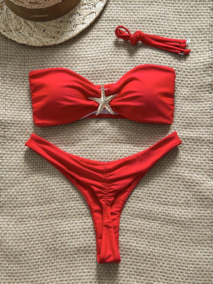 Swim Vcay Women's Solid Color Spaghetti Strap Starfish Metal Decor Sexy Bikini Set, Summer