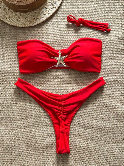 Swim Vcay Women's Solid Color Spaghetti Strap Starfish Metal Decor Sexy Bikini Set, Summer