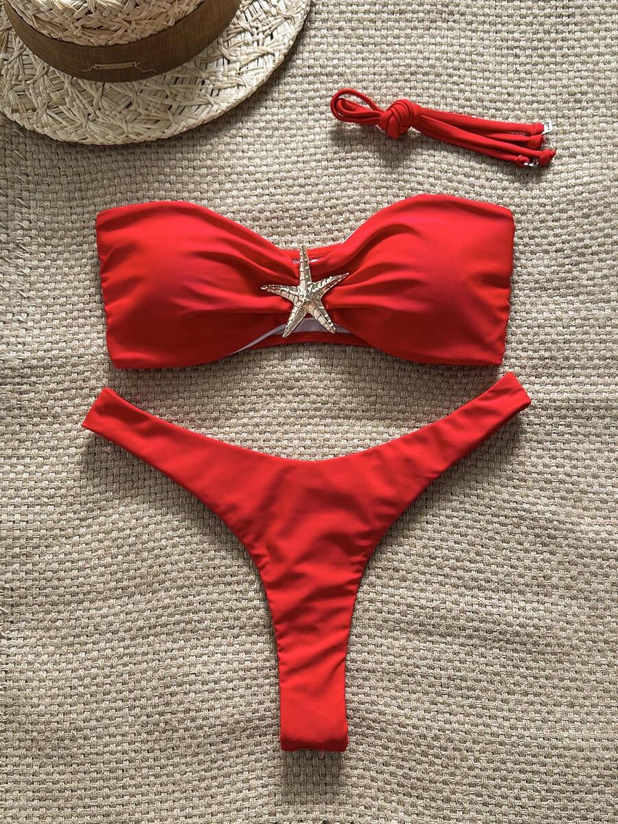 Swim Vcay Women's Solid Color Spaghetti Strap Starfish Metal Decor Sexy Bikini Set, Summer