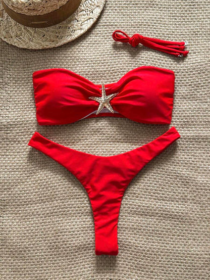 Swim Vcay Women's Solid Color Spaghetti Strap Starfish Metal Decor Sexy Bikini Set, Summer