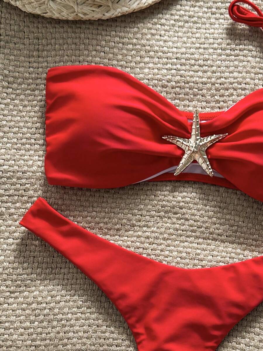 Swim Vcay Women's Solid Color Spaghetti Strap Starfish Metal Decor Sexy Bikini Set, Summer
