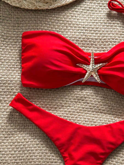 Swim Vcay Women's Solid Color Spaghetti Strap Starfish Metal Decor Sexy Bikini Set, Summer