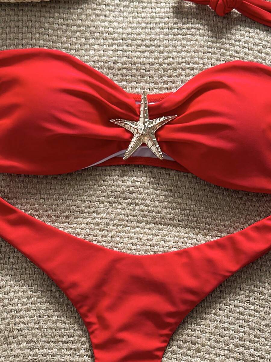 Swim Vcay Women's Solid Color Spaghetti Strap Starfish Metal Decor Sexy Bikini Set, Summer