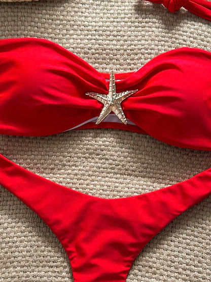 Swim Vcay Women's Solid Color Spaghetti Strap Starfish Metal Decor Sexy Bikini Set, Summer
