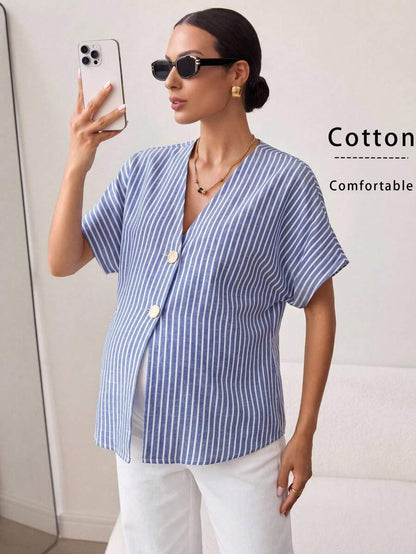 Khaki Color-Blocked Maternity Work Top with Metallic Buttons Elegant V-Neck Batwing Sleeve Commuting and Night Out Blouse