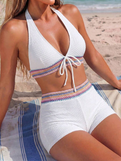 Women's 2-Piece Lace-Up Bikini Set - Twist Halter, Tie Back, High Waist Shorts, Mint Green