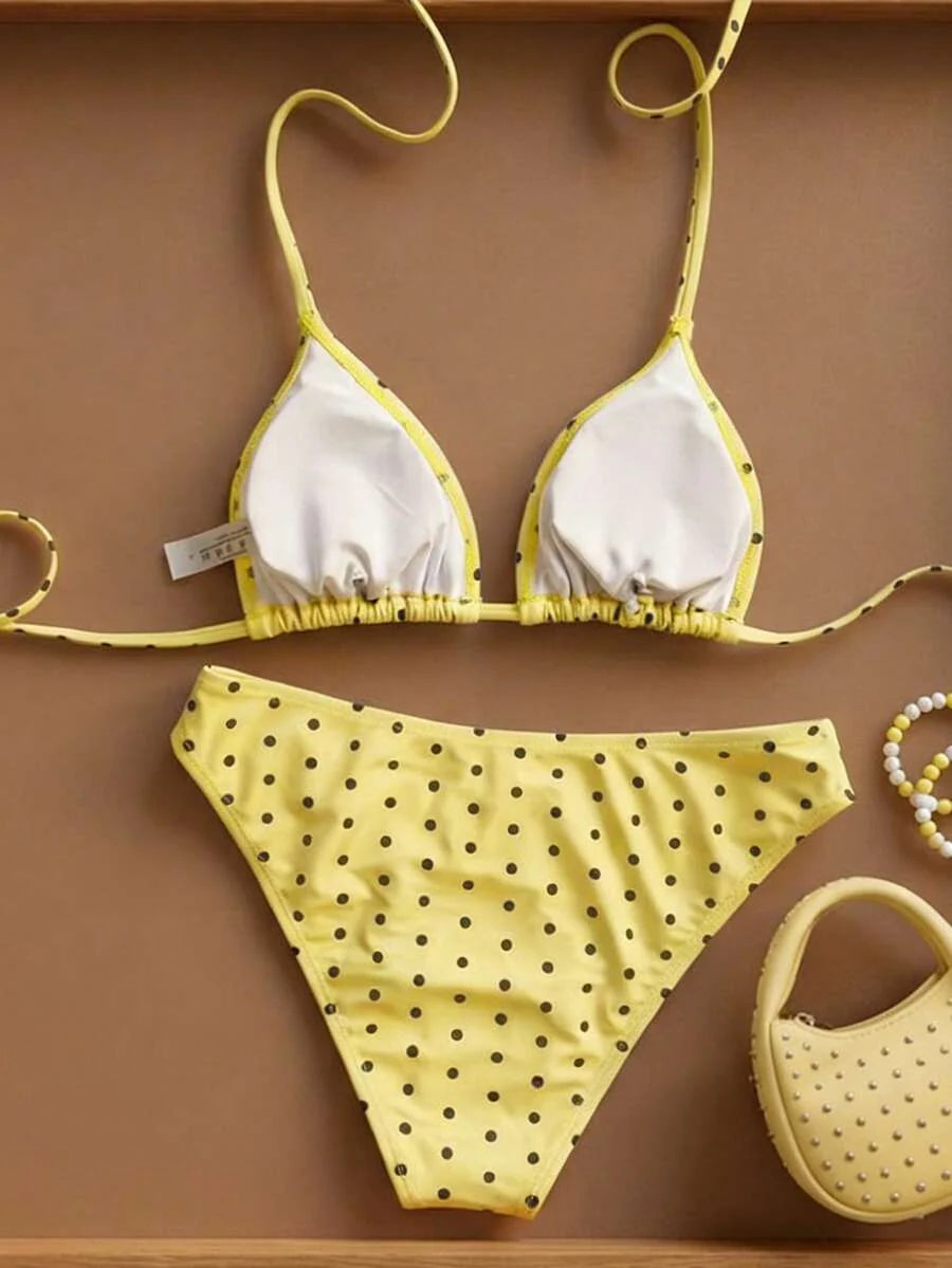 Swim Vcay Women's Summer New Contrast Color Striped Sexy Halter Triangle Cup Bikini Set
