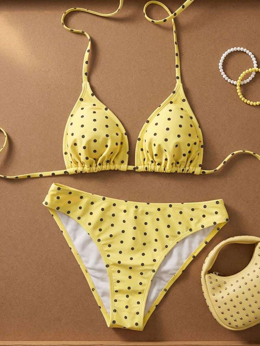 Women's Halter Neck Tie Bikini Set - Lace Up, High Waist, Solid Black
