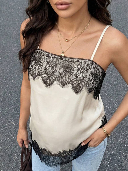 Black and White Lace Patchwork Maternity Camisole - Elegant Slim Fit Satin Tank Vest - Long Length Date Night Top for Pregnant Women