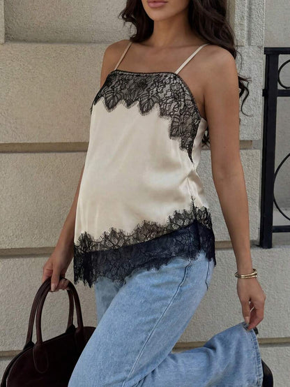 Black and White Lace Patchwork Maternity Camisole - Elegant Slim Fit Satin Tank Vest - Long Length Date Night Top for Pregnant Women