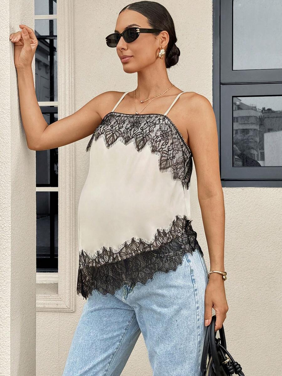 Black and White Lace Patchwork Maternity Camisole - Elegant Slim Fit Satin Tank Vest - Long Length Date Night Top for Pregnant Women