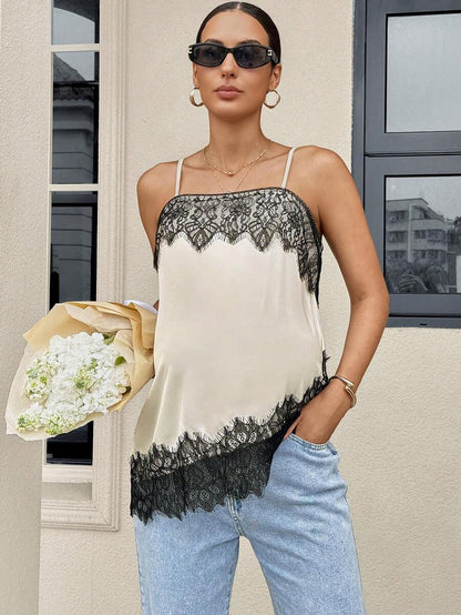 Black and White Lace Patchwork Maternity Camisole - Elegant Slim Fit Satin Tank Vest - Long Length Date Night Top for Pregnant Women