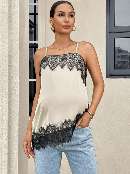 Black and White Lace Patchwork Maternity Camisole - Elegant Slim Fit Satin Tank Vest - Long Length Date Night Top for Pregnant Women