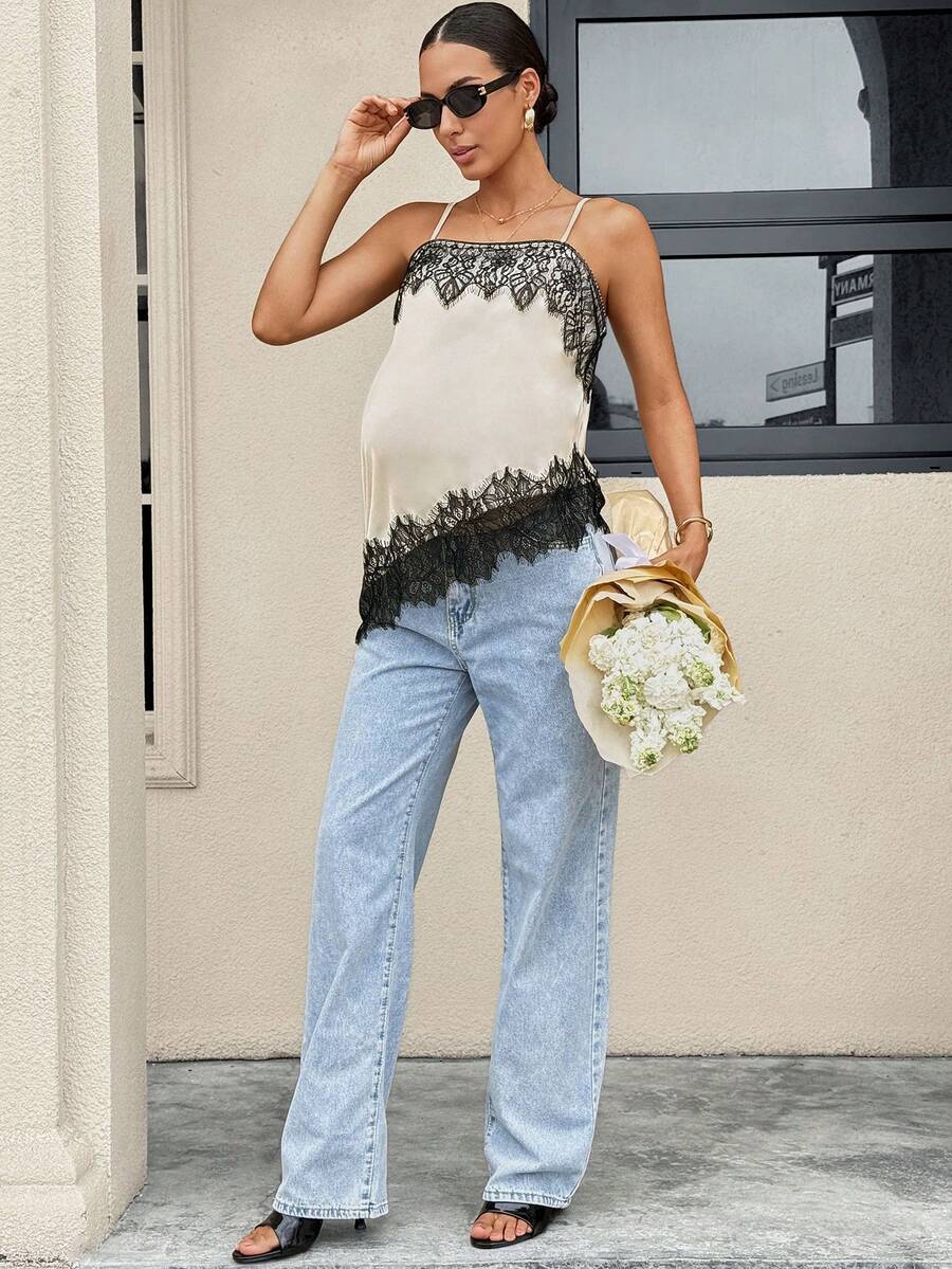 Black and White Lace Patchwork Maternity Camisole - Elegant Slim Fit Satin Tank Vest - Long Length Date Night Top for Pregnant Women