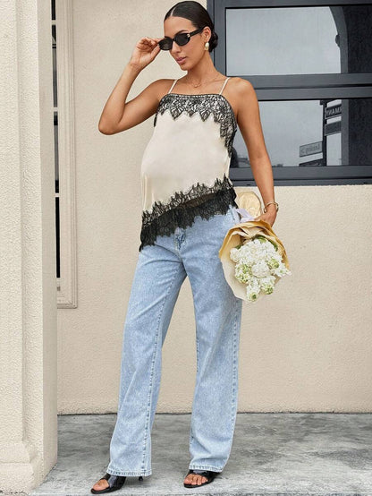 Black and White Lace Patchwork Maternity Camisole - Elegant Slim Fit Satin Tank Vest - Long Length Date Night Top for Pregnant Women