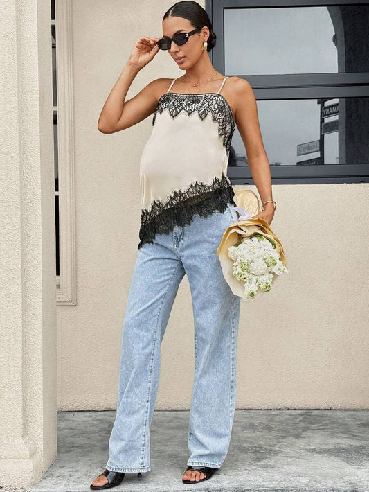 Black and White Lace Patchwork Maternity Camisole - Elegant Slim Fit Satin Tank Vest - Long Length Date Night Top for Pregnant Women