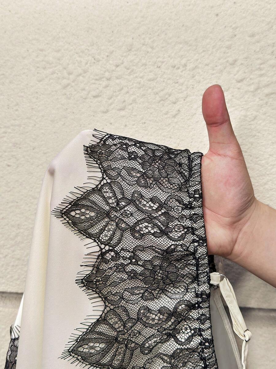 Black and White Lace Patchwork Maternity Camisole - Elegant Slim Fit Satin Tank Vest - Long Length Date Night Top for Pregnant Women