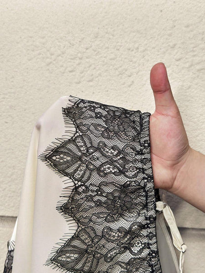 Black and White Lace Patchwork Maternity Camisole - Elegant Slim Fit Satin Tank Vest - Long Length Date Night Top for Pregnant Women