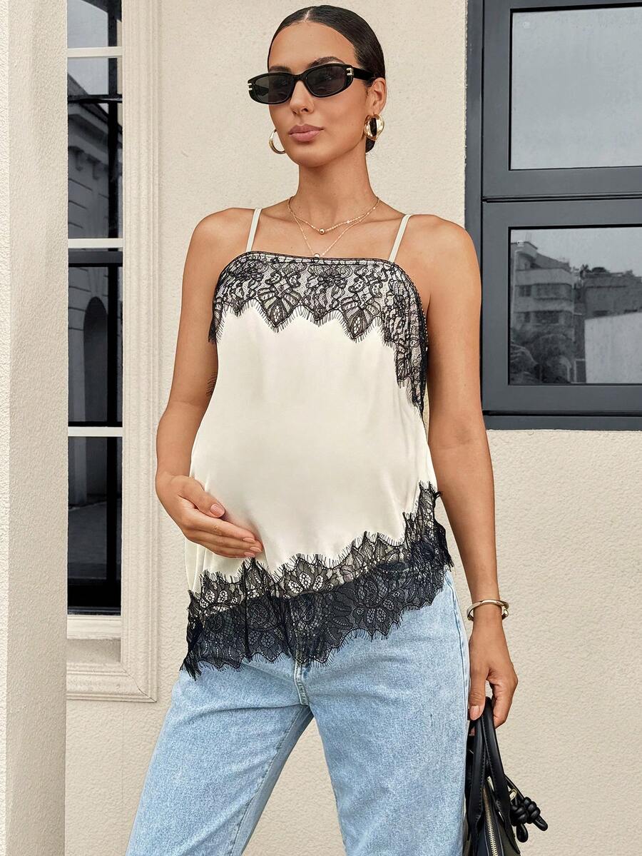 Black and White Lace Patchwork Maternity Camisole - Elegant Slim Fit Satin Tank Vest - Long Length Date Night Top for Pregnant Women