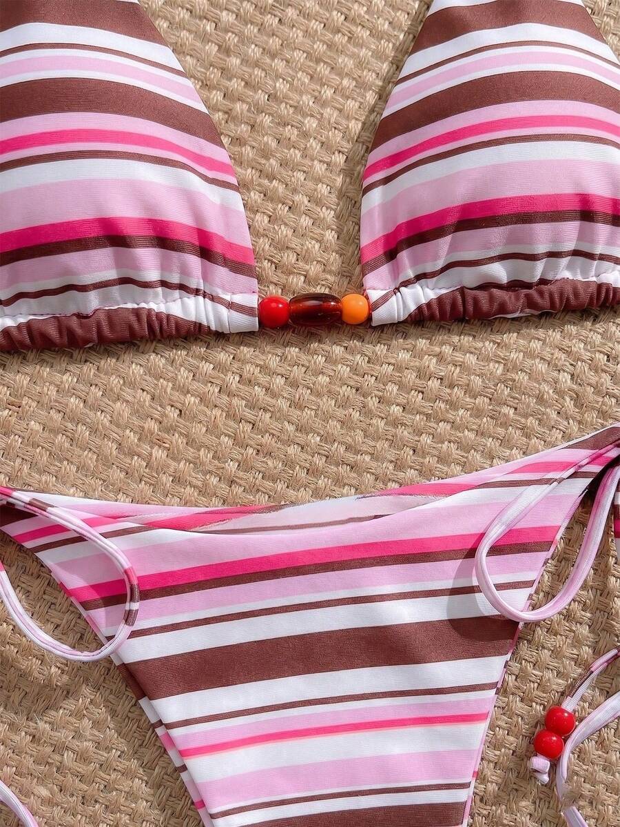 Swim Vcay New Women's Fashion Sexy Orange Floral Print Side With Red Bead Detail Bikini Set For Beach, Vacation, Pool, Spring & Summer