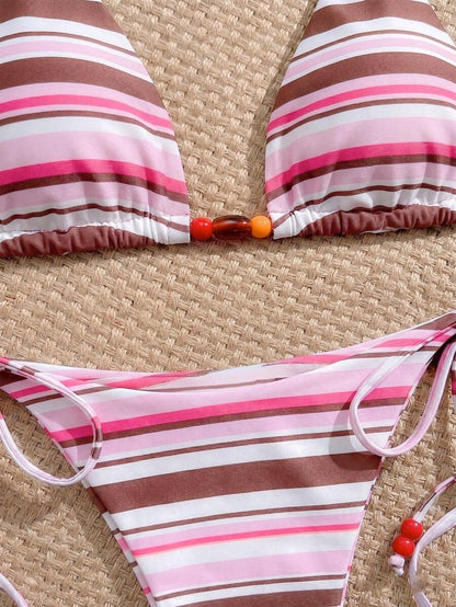 Swim Vcay New Women's Fashion Sexy Orange Floral Print Side With Red Bead Detail Bikini Set For Beach, Vacation, Pool, Spring & Summer