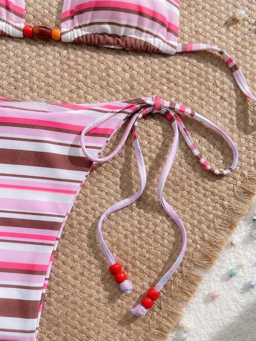 Swim Vcay New Women's Fashion Sexy Orange Floral Print Side With Red Bead Detail Bikini Set For Beach, Vacation, Pool, Spring & Summer