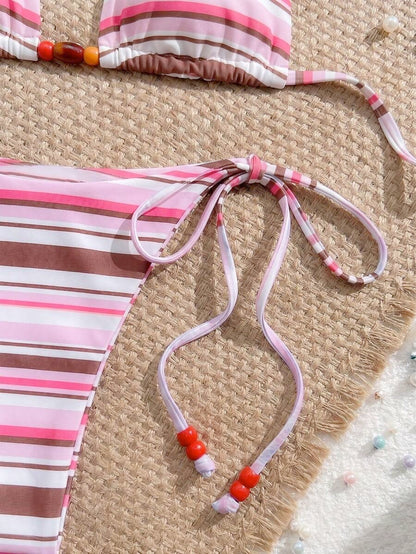 Swim Vcay New Women's Fashion Sexy Orange Floral Print Side With Red Bead Detail Bikini Set For Beach, Vacation, Pool, Spring & Summer
