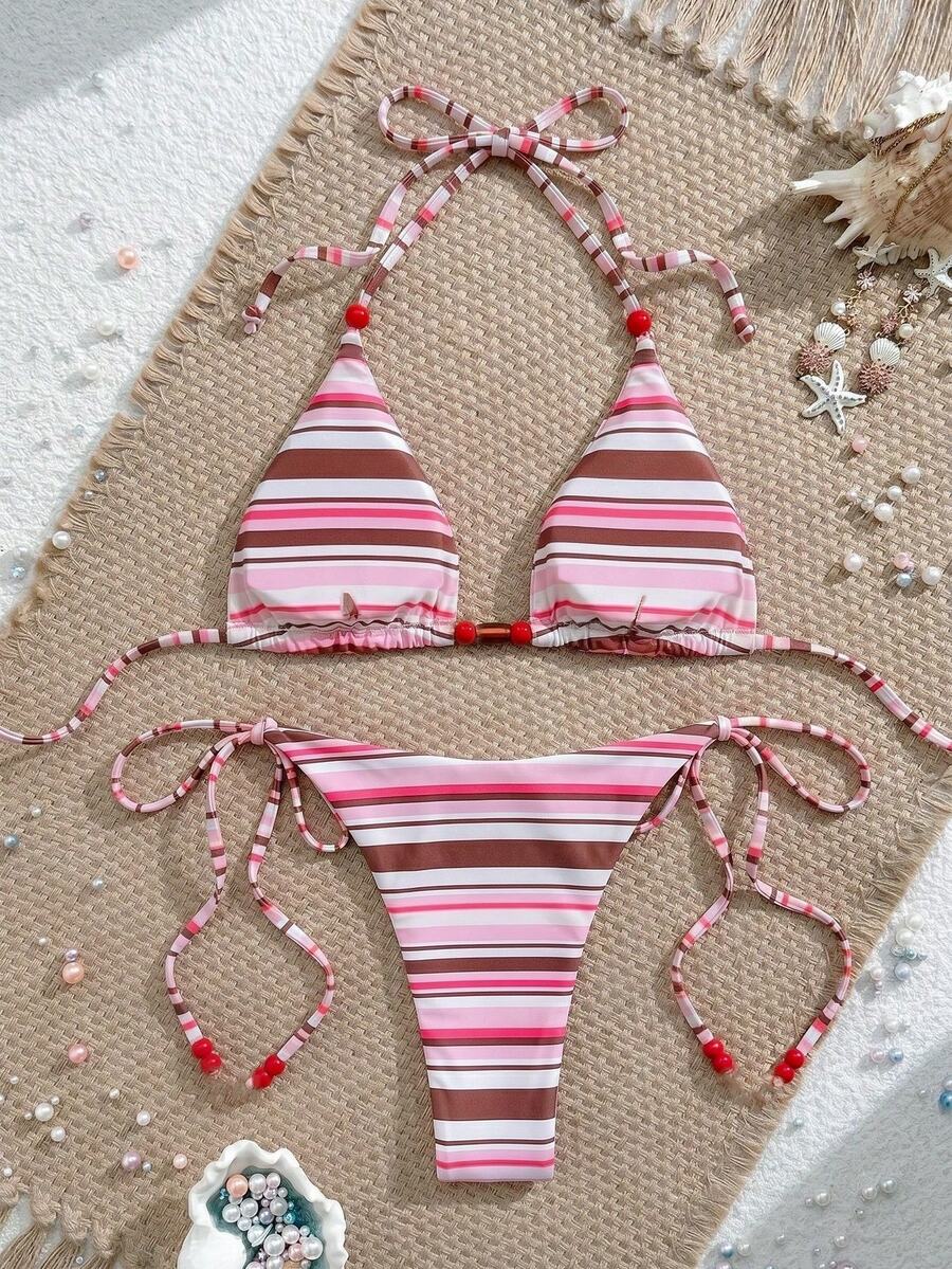 Swim Vcay New Women's Fashion Sexy Orange Floral Print Side With Red Bead Detail Bikini Set For Beach, Vacation, Pool, Spring & Summer