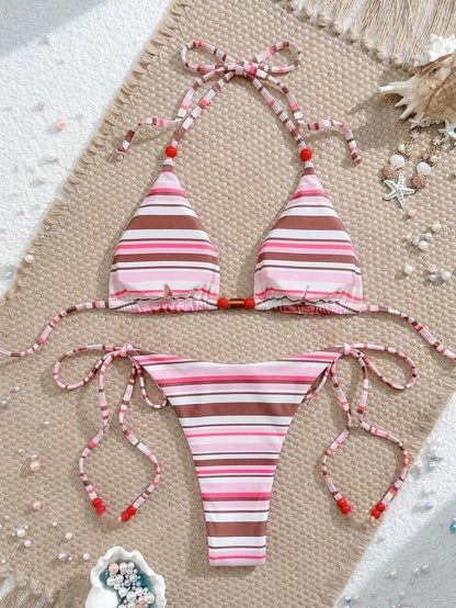 Swim Vcay New Women's Fashion Sexy Orange Floral Print Side With Red Bead Detail Bikini Set For Beach, Vacation, Pool, Spring & Summer