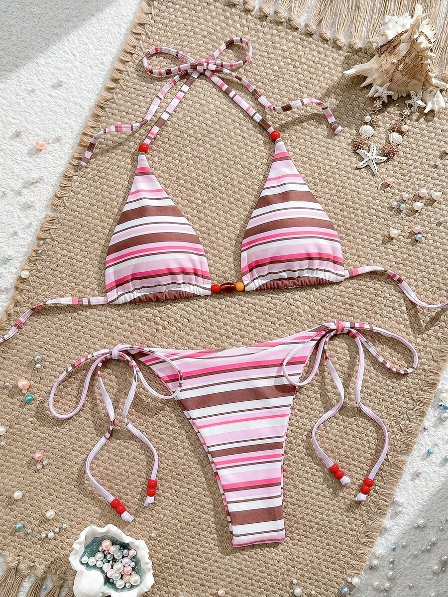 Swim Vcay New Women's Fashion Sexy Orange Floral Print Side With Red Bead Detail Bikini Set For Beach, Vacation, Pool, Spring & Summer