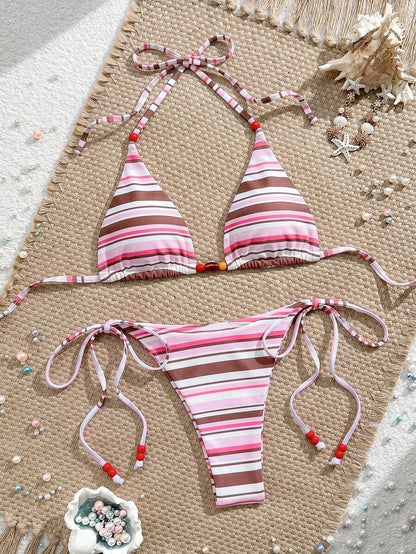 Swim Vcay New Women's Fashion Sexy Orange Floral Print Side With Red Bead Detail Bikini Set For Beach, Vacation, Pool, Spring & Summer