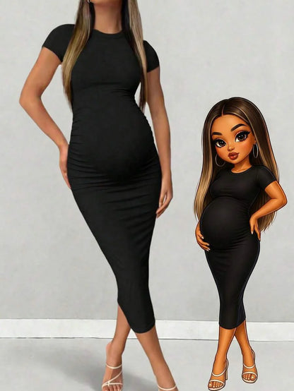 Maternity Elegant Slimming Fitted Long Bodycon Dress High Stretch Round Neck Short Sleeve Dress for Summer Outdoor Wear