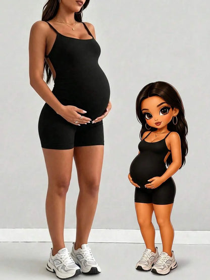Maternity Black Spaghetti Strap Unitard Jumpsuit - Backless Skinny Fit Short Summer Romper for Casual Daily Wear and Beach Outings