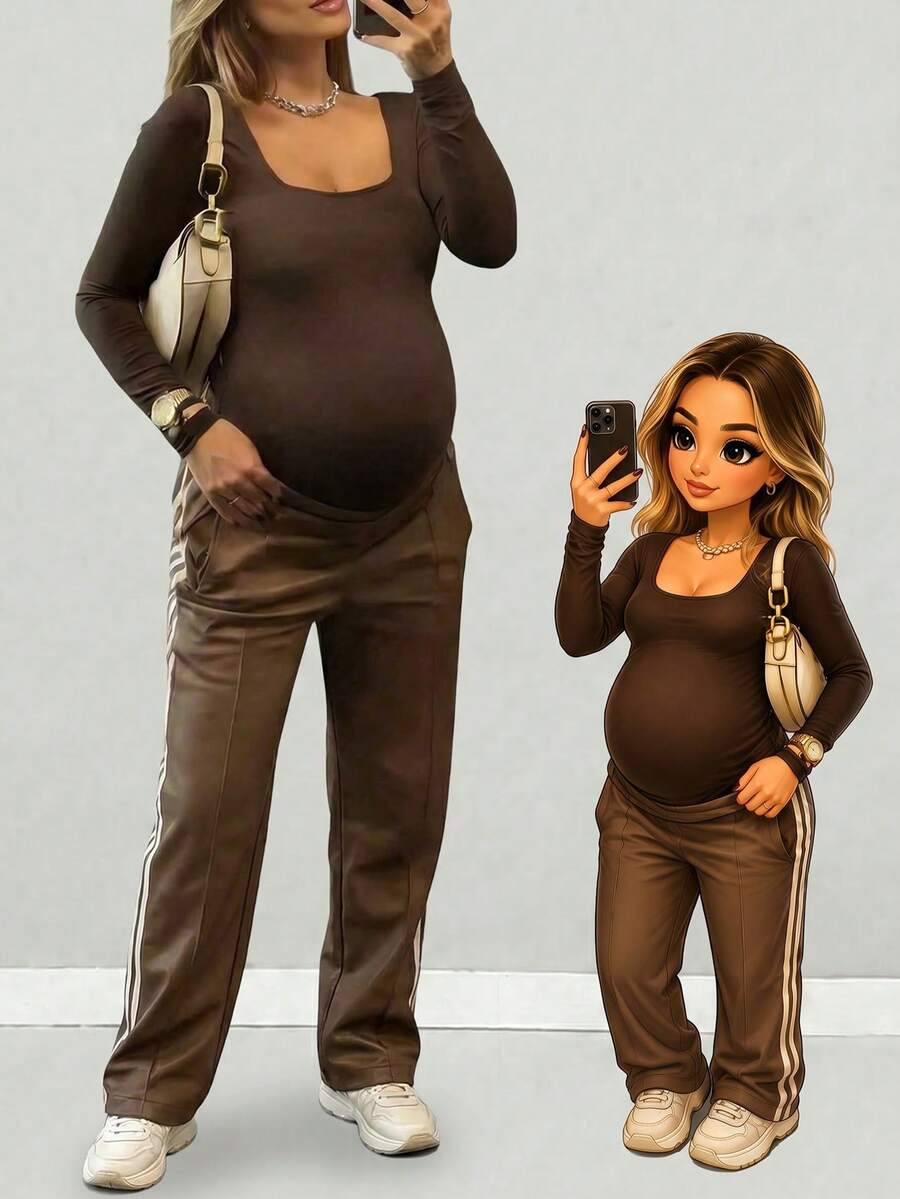 Maternity Bodysuit - Crew Neck Long Sleeve High Elasticity Casual Daily Wear, Pink