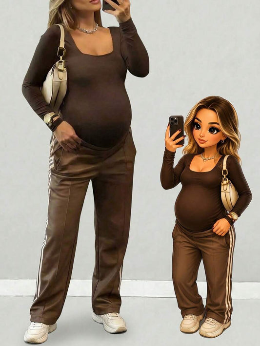 Maternity Bodysuit - Crew Neck Long Sleeve High Elasticity Casual Daily Wear, Pink