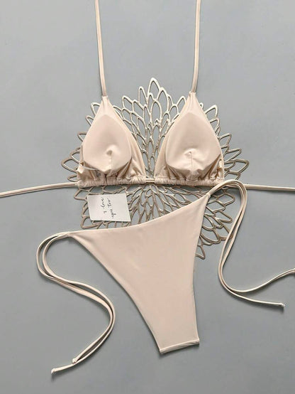 Women's Solid Halter Bikini Set - Knot Detail, Tie Side, Triangle Cup, Navy Blue